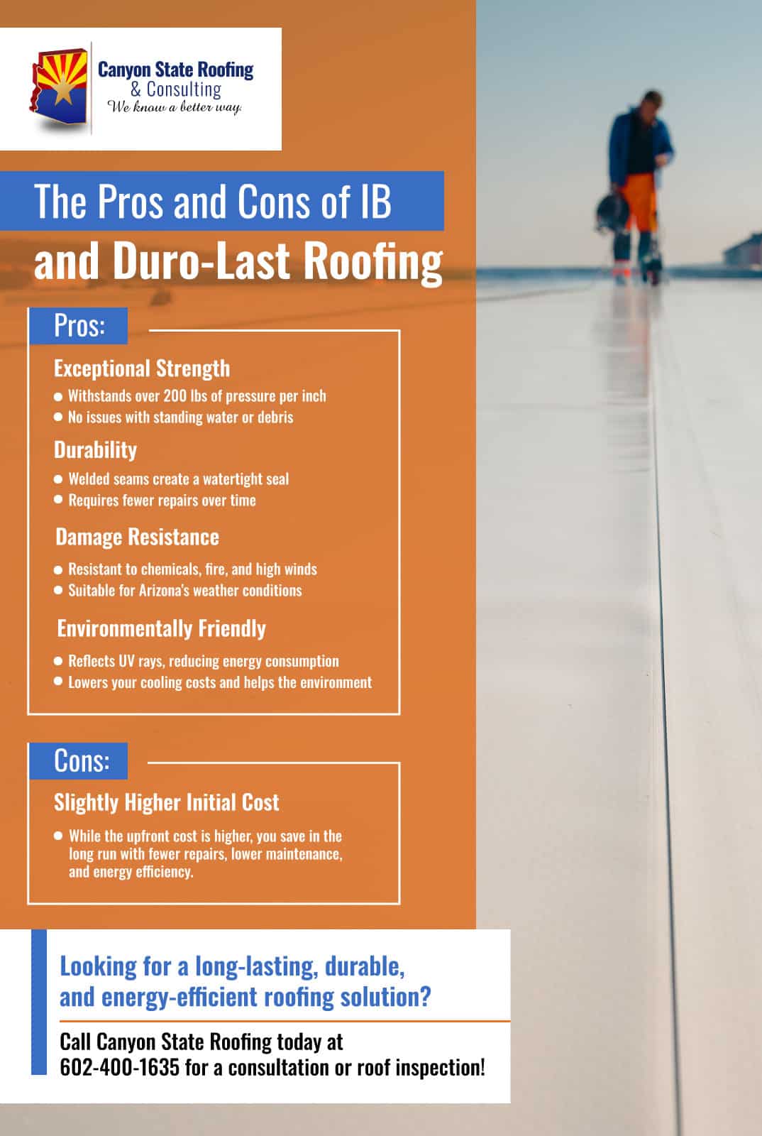 Infographic that explains The Pros and Cons of IB and Duro-Last Roofing 