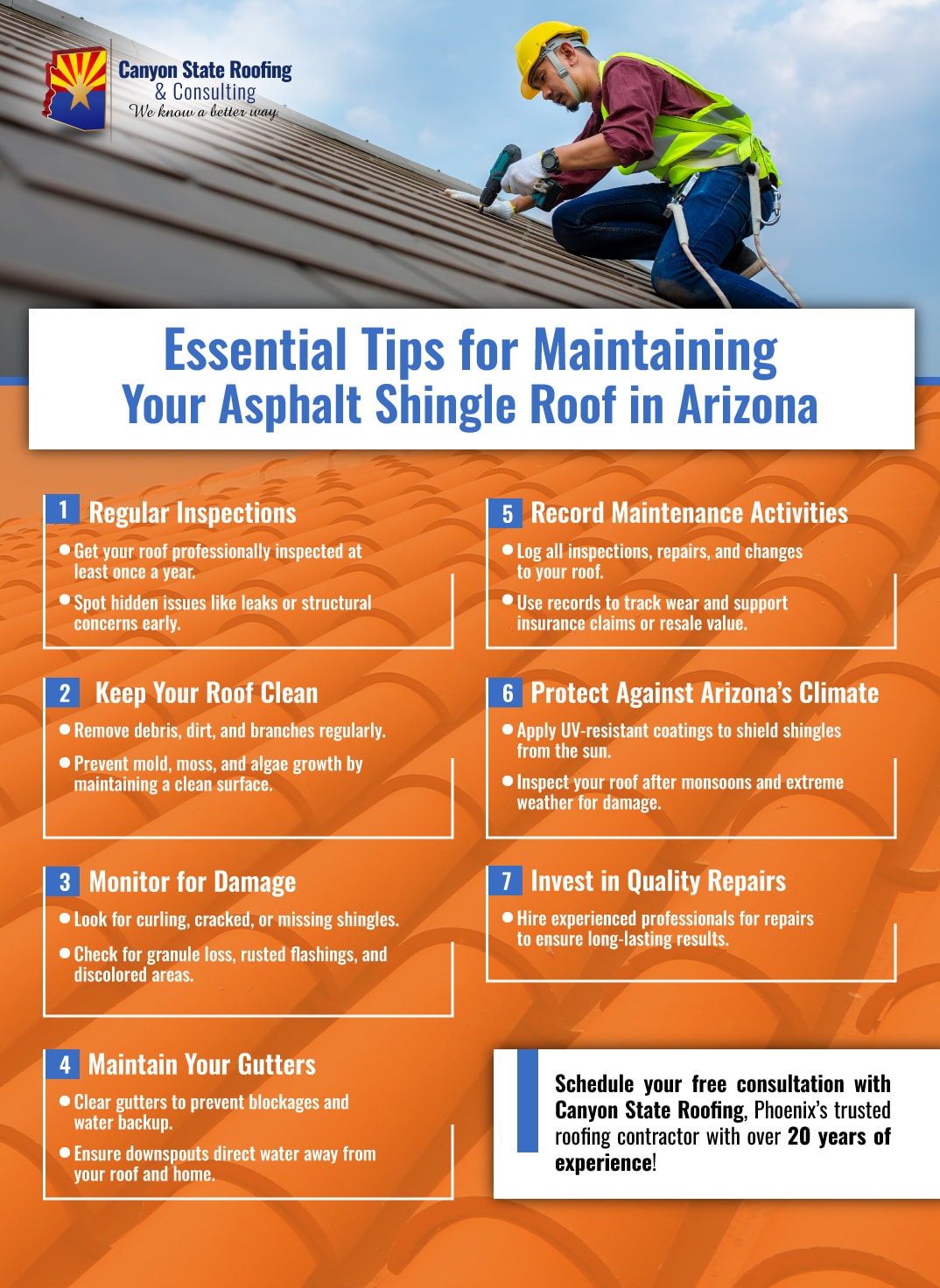 Infographic that explains How To Maintain An Asphalt Shingle Roof In Arizona